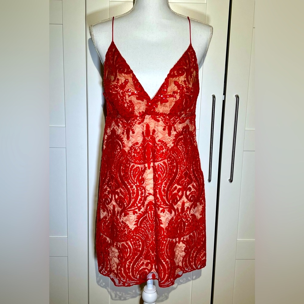 Free People Red Sequin Mini dress. Nude underlay size 8